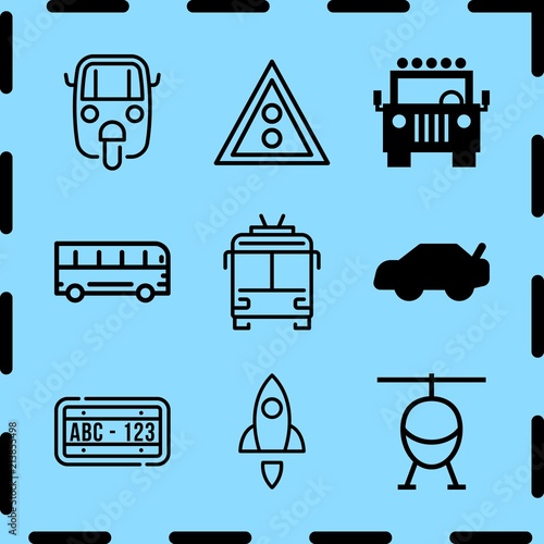 Simple 9 icon set of travel related rocket, trunk, auto ricksaw and jeep front view vector icons. Collection Illustration photo