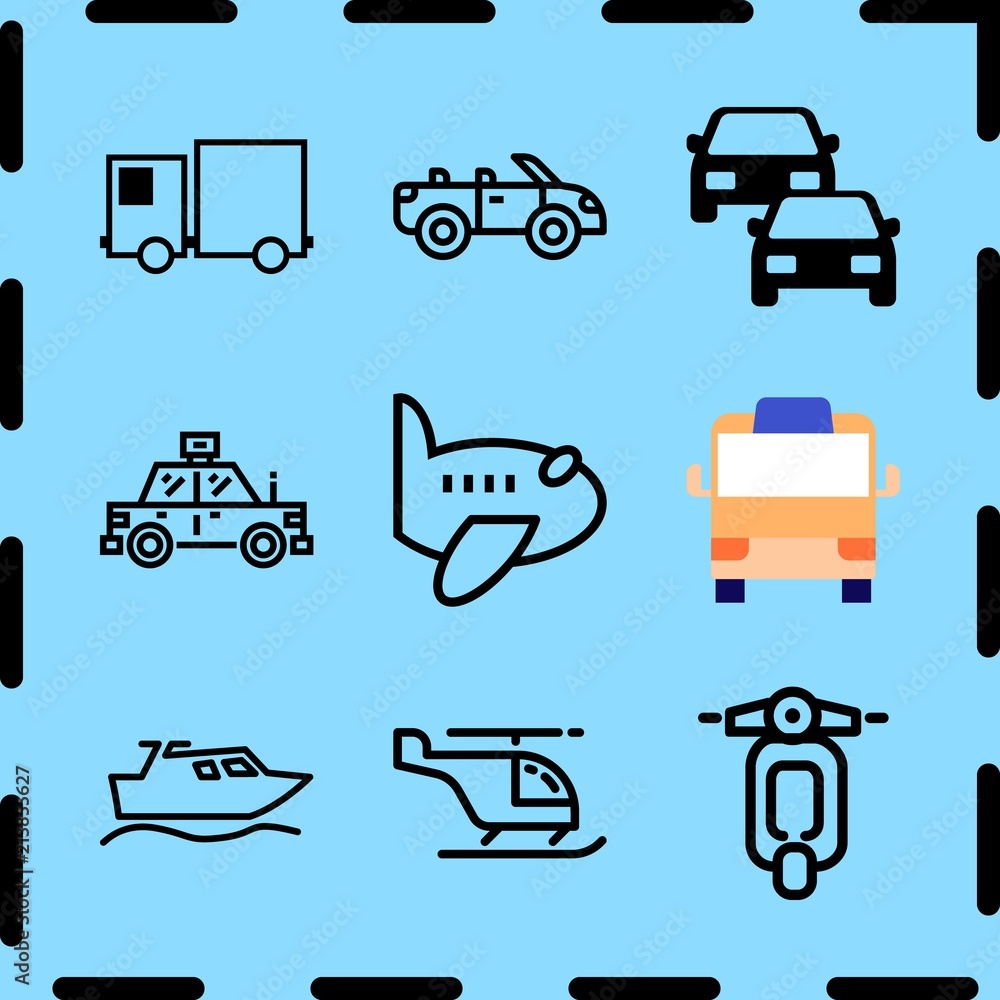 Simple 9 icon set of travel related cab, minibus, cargo truck facing left and airplane vector icons. Collection Illustration Simple 9 icon set of travel related cab, minibus, cargo truck facing left and airplane vector icons. Collection Illustration
