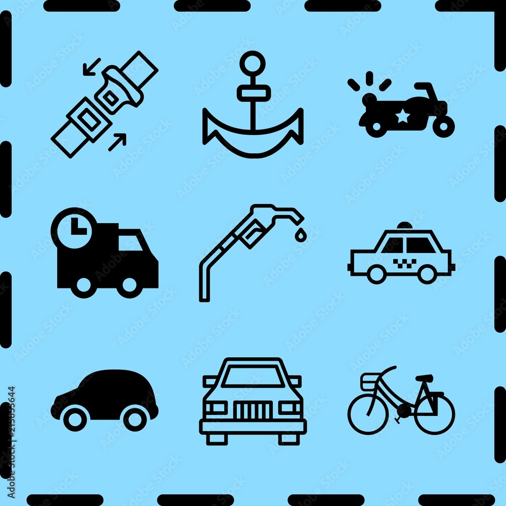 Naklejka premium Simple 9 icon set of travel related bike with front basket, motorbike, anchor and car vector icons. Collection Illustration