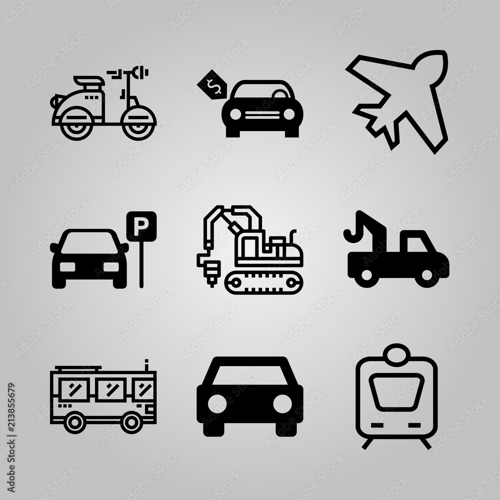 Simple 9 icon set of transport related motorcycle, brand new car with dollar price tag, car frontal view and train vector icons. Collection Illustration