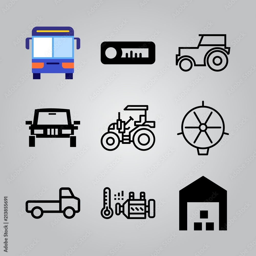 Simple 9 icon set of transport related tractor, car radio, all terrain vehicle and engine vector icons. Collection Illustration