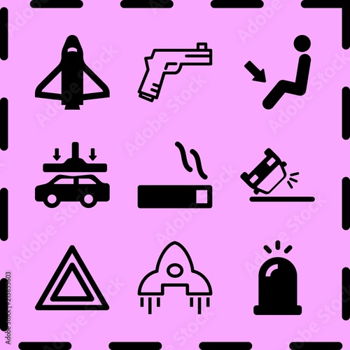 Simple 9 icon set of fire related smoking, overturned car, rocket ship and siren vector icons. Collection Illustration