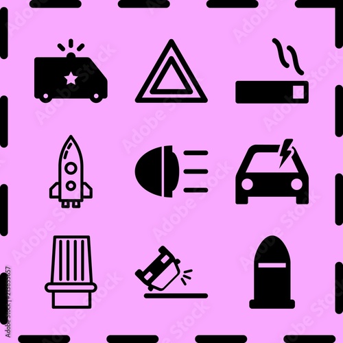 Simple 9 icon set of fire related overturned car, rocket, car beacon on and problem electric vector icons. Collection Illustration