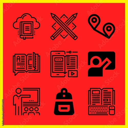 Simple 9 icon set of edication related ebook, blackboard, library and classroom vector icons. Collection Illustration