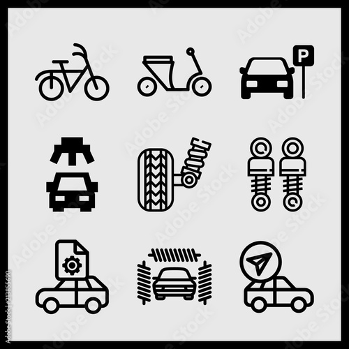 Simple 9 icon set of car related car parts, car, motorcycle and bicycle vector icons. Collection Illustration