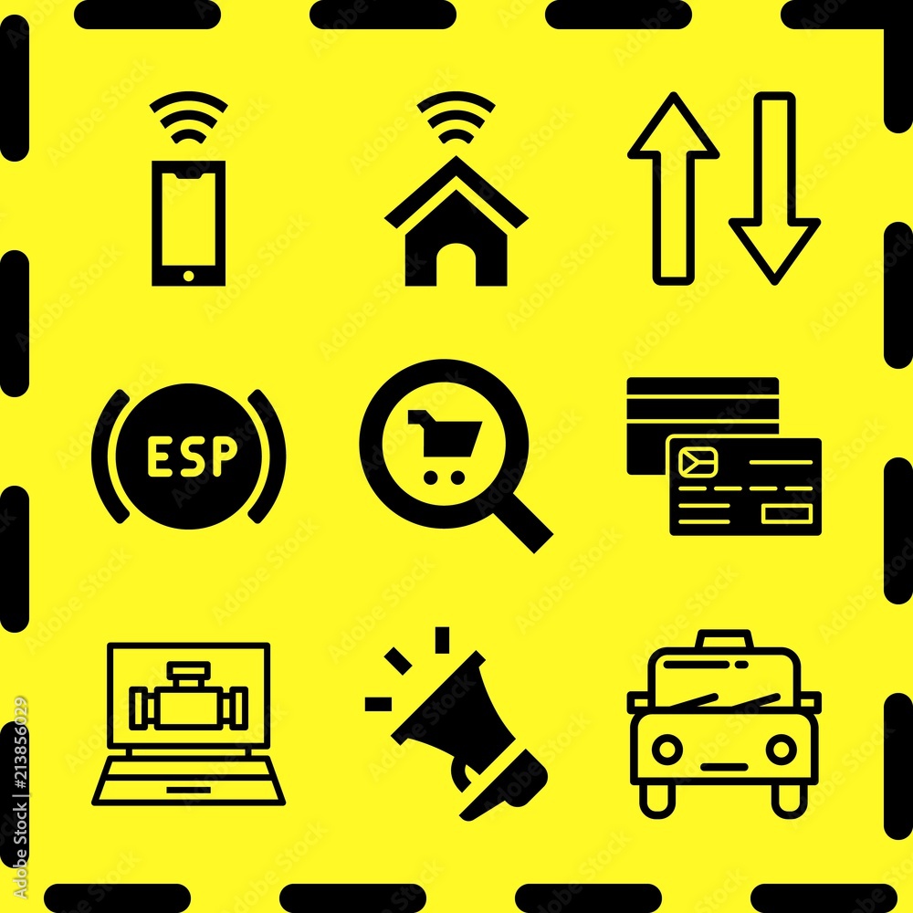 Simple 9 icon set of online related smartphone, computer, search and credit card vector icons. Collection Illustration Simple 9 icon set of online related smartphone, computer, search and credit card vector icons. Collection Illustration