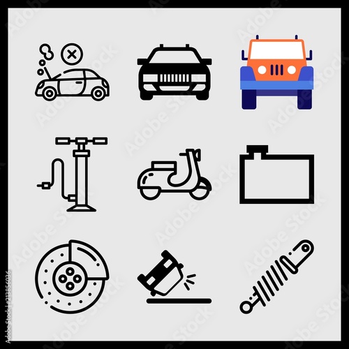 Simple 9 icon set of car related overturned car, car front, water tank for vehicles and car breakdown vector icons. Collection Illustration