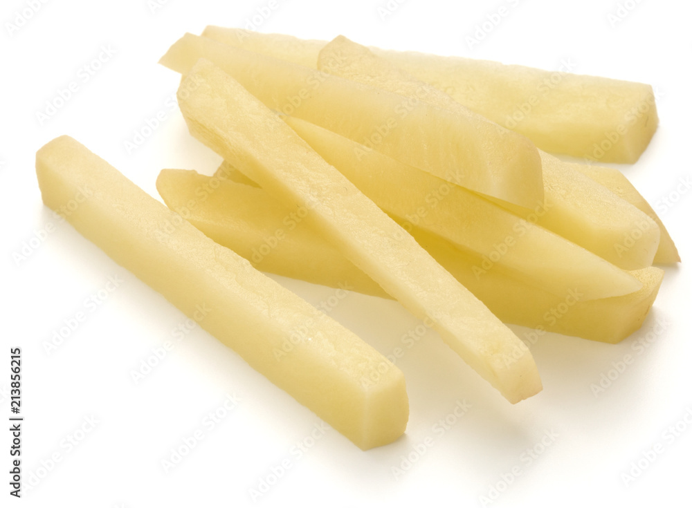 Raw Potato sliced strips prepared for French fries isolated on white background Raw Potato sliced strips prepared for French fries isolated on white background