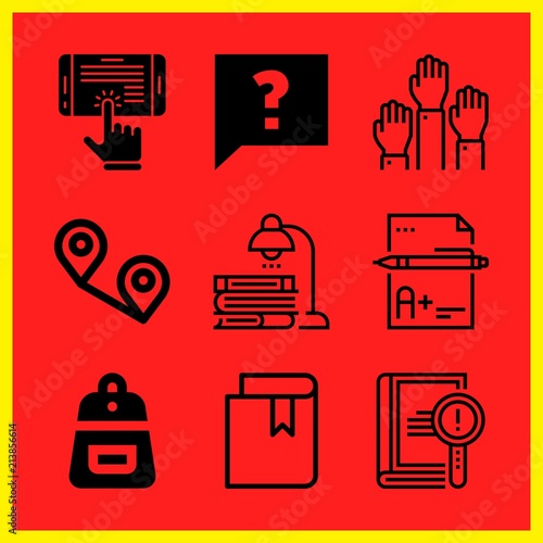 Simple 9 icon set of edication related book, raise hand, studying and book vector icons. Collection Illustration
