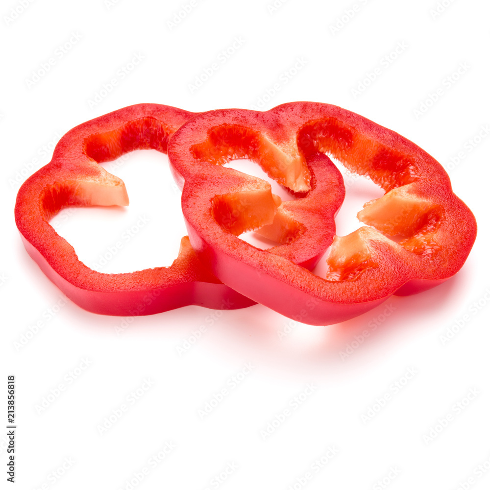 Red sweet bell pepper slices isolated on white background cutout Red sweet bell pepper slices isolated on white background cutout