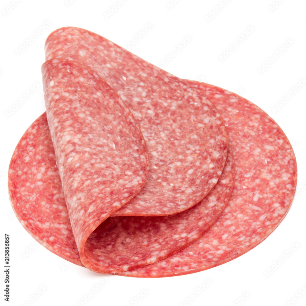 Salami smoked sausage slices isolated on white background