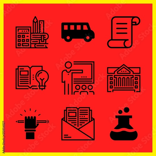 Simple 9 icon set of edication related flask, legal paper, education and classroom vector icons. Collection Illustration