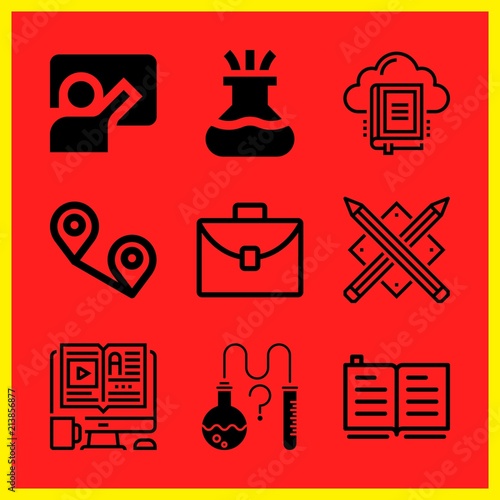 Simple 9 icon set of edication related elearning, pencils, case and open book vector icons. Collection Illustration