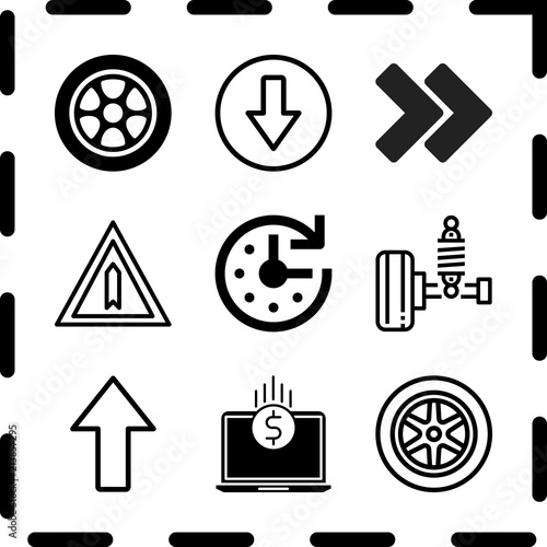 Simple 9 icon set of arrow related wheel, traffic sign, download and right double chevron vector icons. Collection Illustration