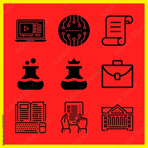 Simple 9 icon set of edication related legal paper, flask, school and online course vector icons. Collection Illustration