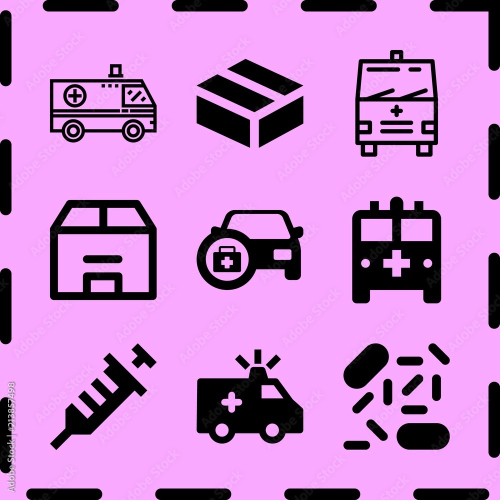 Simple 9 icon set of medicine related car with medicine, box, box and ambulance vector icons. Collection Illustration Simple 9 icon set of medicine related car with medicine, box, box and ambulance vector icons. Collection Illustration