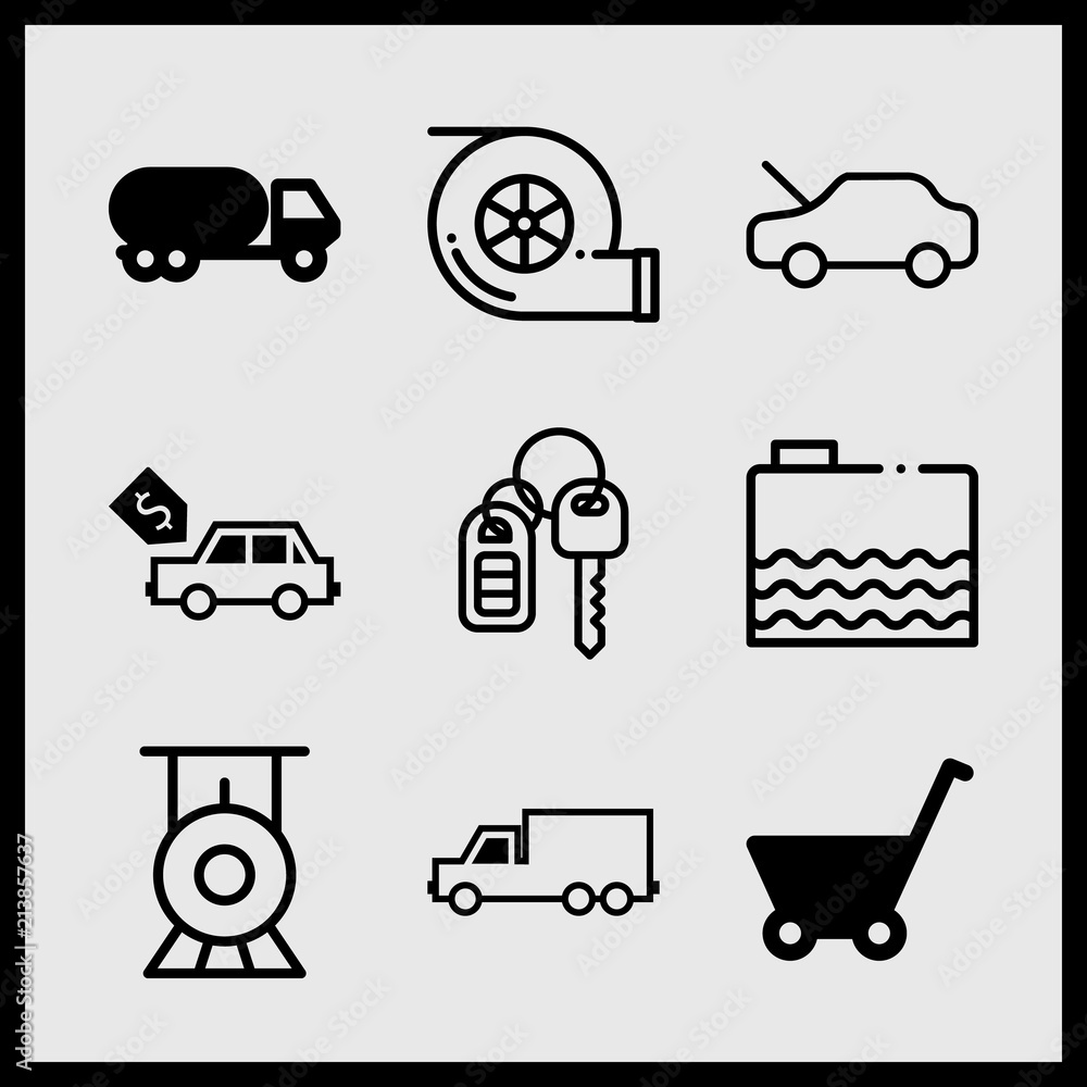 Simple 9 icon set of car related tanker, car, turbo and car for sale vector icons. Collection Illustration Simple 9 icon set of car related tanker, car, turbo and car for sale vector icons. Collection Illustration
