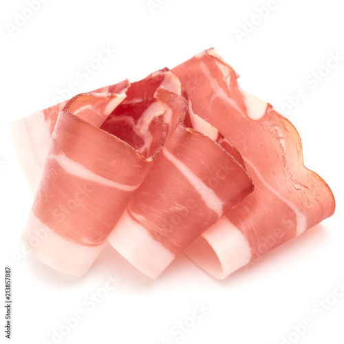 Italian prosciutto crudo or jamon. Raw ham. Isolated on white background