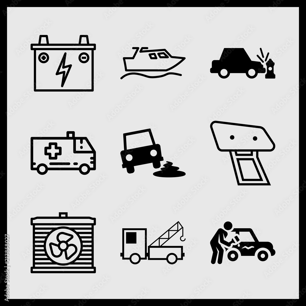 Simple 9 icon set of car related car crash, ambulance, car and truck with crane vector icons. Collection Illustration Simple 9 icon set of car related car crash, ambulance, car and truck with crane vector icons. Collection Illustration