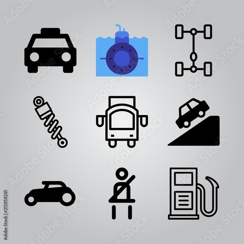 Simple 9 icon set of transport related taxi, seatbelt, submarine and gas station vector icons. Collection Illustration