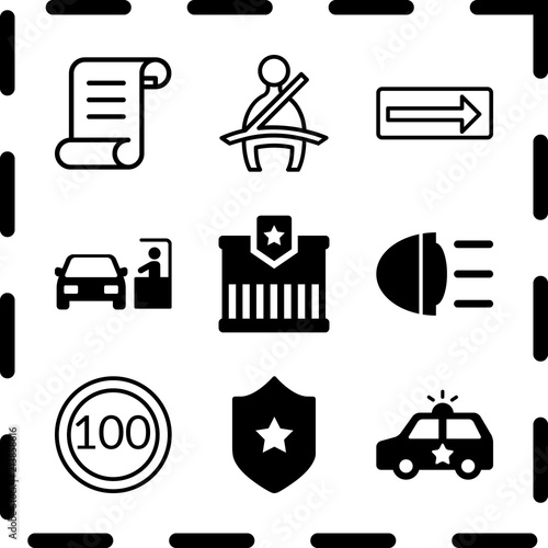Simple 9 icon set of law related car beacon on, paying car ticket, legal paper and police car vector icons. Collection Illustration