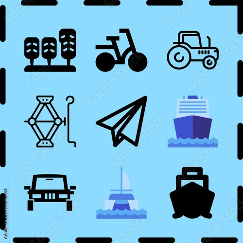 Simple 9 icon set of travel related all terrain vehicle, tractor facing right, catamaran and paper plane vector icons. Collection Illustration