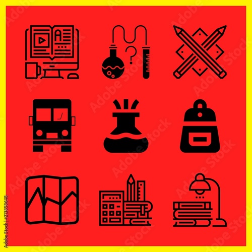 Simple 9 icon set of edication related flask, science, elearning and studying vector icons. Collection Illustration