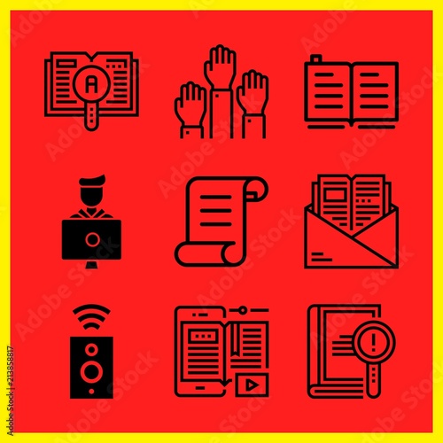 Simple 9 icon set of edication related student, legal paper, ebook and learning vector icons. Collection Illustration