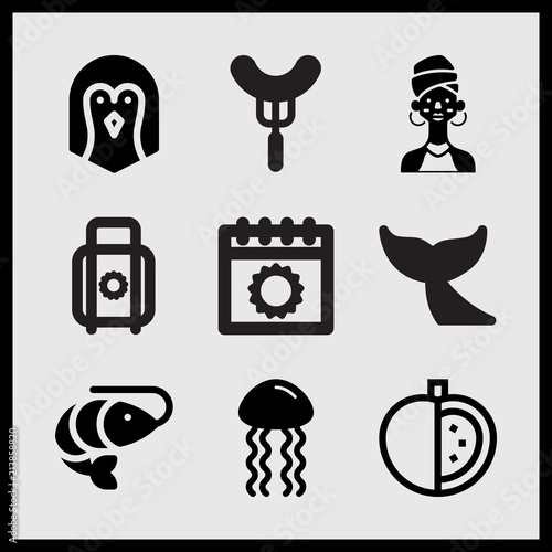 Simple 9 set of Summer related penguin, tomato, woman and padlock with sun vector icons