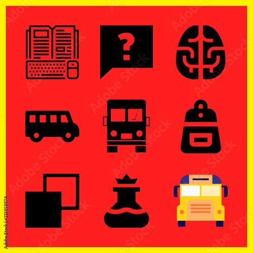 Simple 9 icon set of edication related faq, flask, copy and school bus vector icons. Collection Illustration
