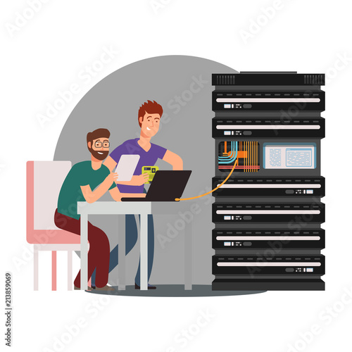 Cartoon computer engineers working with server