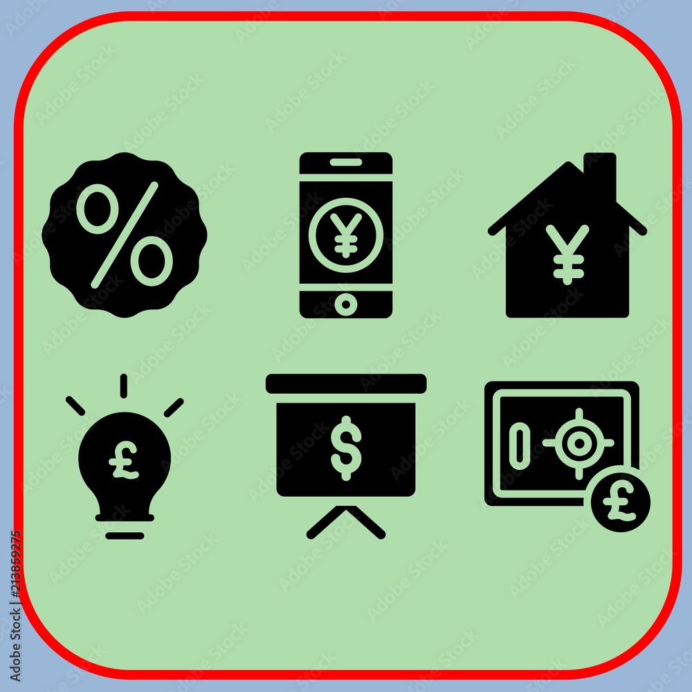 Simple 6 icon set of business related smartphone, discount, safebox and mortgage vector icons. Collection Illustration Simple 6 icon set of business related smartphone, discount, safebox and mortgage vector icons. Collection Illustration