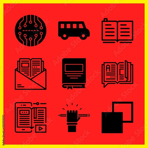 Simple 9 icon set of edication related copy, school bus, education and ebook vector icons. Collection Illustration