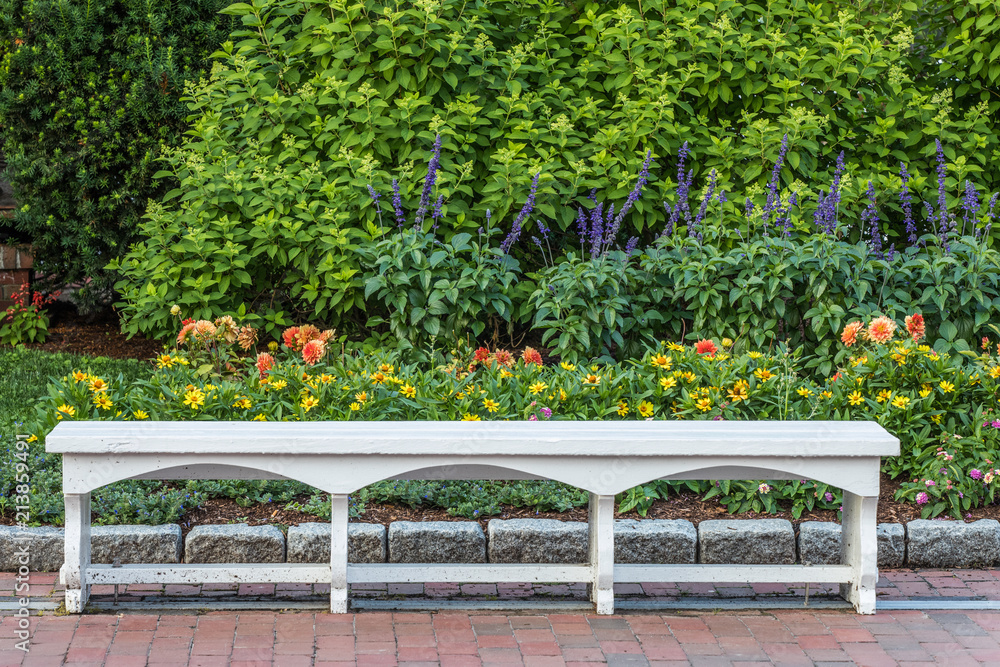 A white bench in a botanical garden