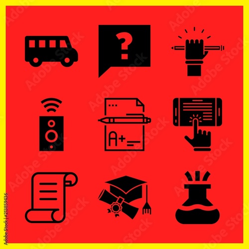 Simple 9 icon set of edication related legal paper, graduation, faq and school bus vector icons. Collection Illustration