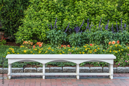 Fototapeta Naklejka Na Ścianę i Meble -  A white bench in a botanical garden