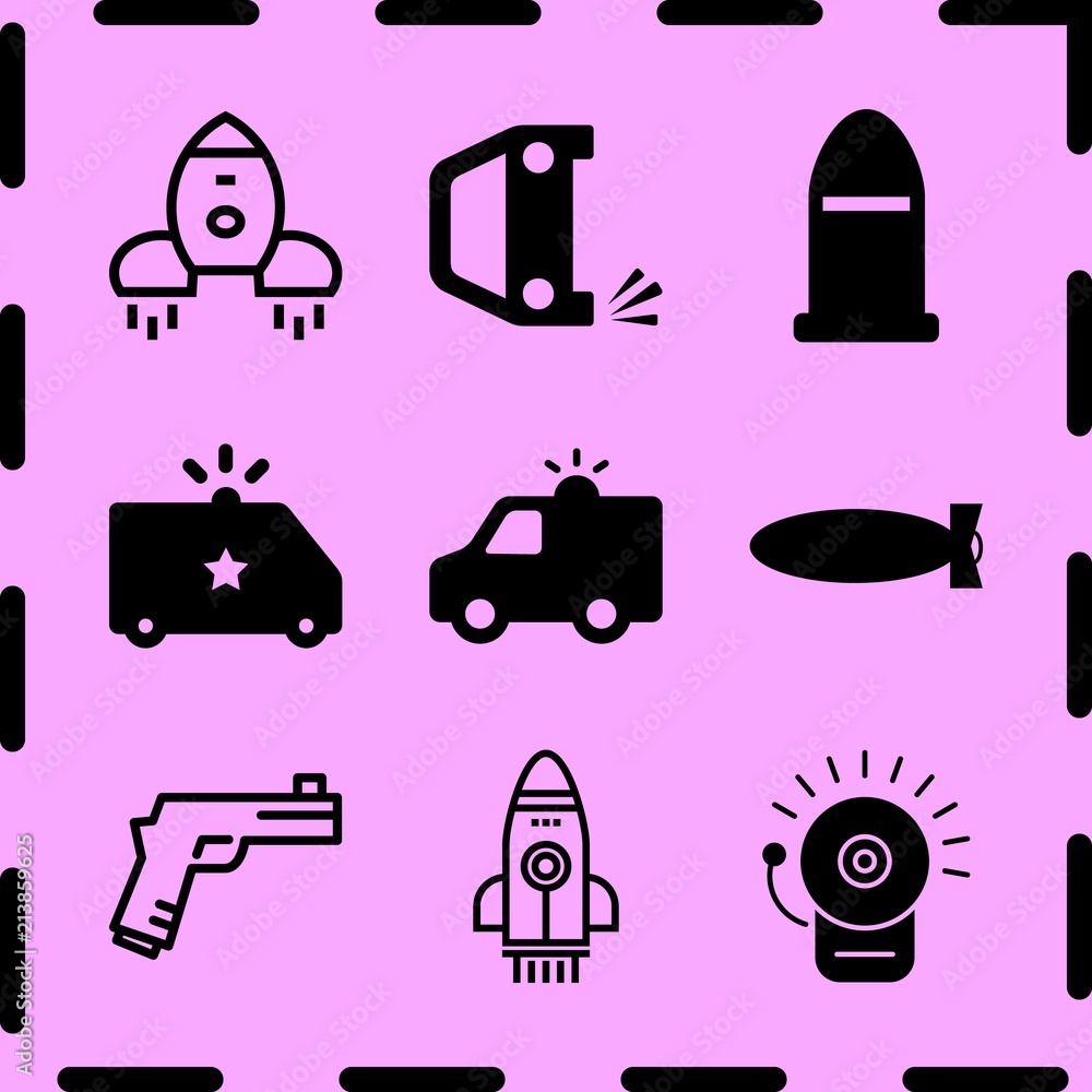 Simple 9 icon set of fire related bullet, ambulance with light, gun and police van vector icons. Collection Illustration Simple 9 icon set of fire related bullet, ambulance with light, gun and police van vector icons. Collection Illustration