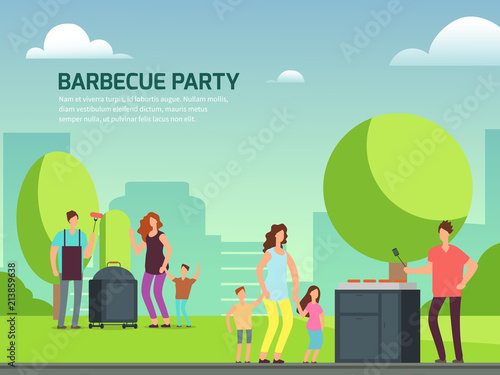 Barbeque party design. Cartoon character families in park