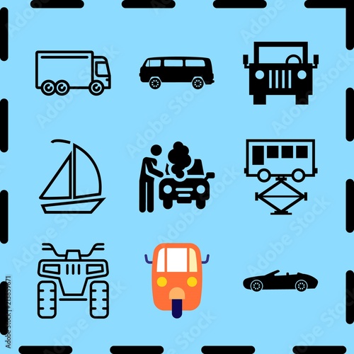 Simple 9 icon set of travel related repairing bus, jeep front, auto ricksaw and big cargo truck vector icons. Collection Illustration