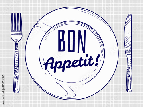 Dinner plate with knife and fork. Doodle sketch tableware and dish. Restaurant vector poster