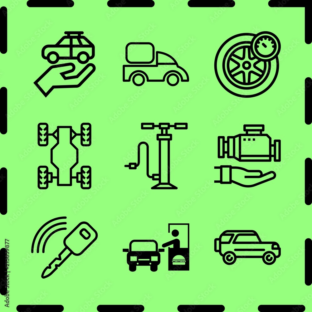 Simple 9 icon set of service related repair, engine, truck outline and drive through vector icons. Collection Illustration Simple 9 icon set of service related repair, engine, truck outline and drive through vector icons. Collection Illustration