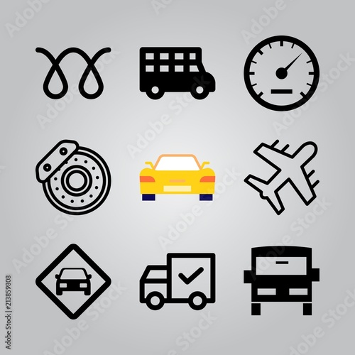 Simple 9 icon set of transport related brake disk, sport car, aeroplane and car heat vector icons. Collection Illustration