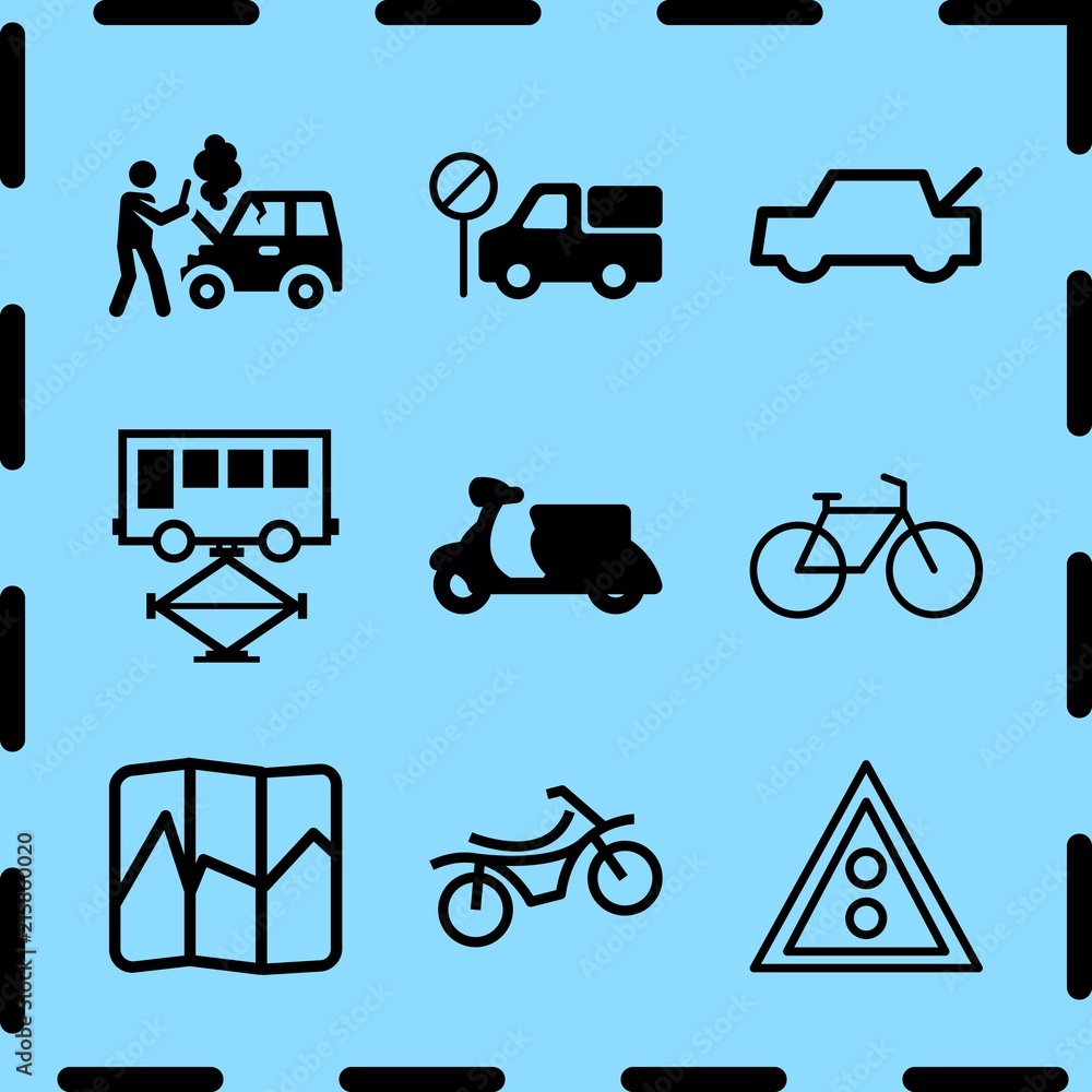 Simple 9 icon set of travel related trunk, car breakdown, stop truck and traffic signal vector icons. Collection Illustration