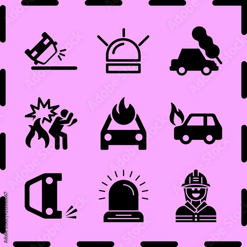 Simple 9 icon set of fire related overturned car, car crash tree, fire and fireman vector icons. Collection Illustration