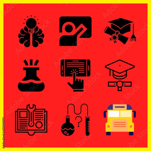 Simple 9 icon set of edication related school bus, ebook, manual and science vector icons. Collection Illustration