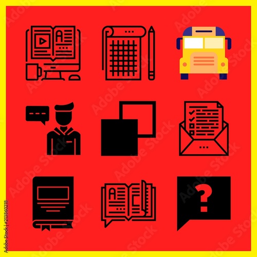 Simple 9 icon set of edication related student, faq, test and open book vector icons. Collection Illustration