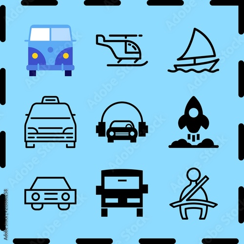 Fototapeta Naklejka Na Ścianę i Meble -  Simple 9 icon set of travel related minivan taxi, sailboat, helicopter and rocket vector icons. Collection Illustration