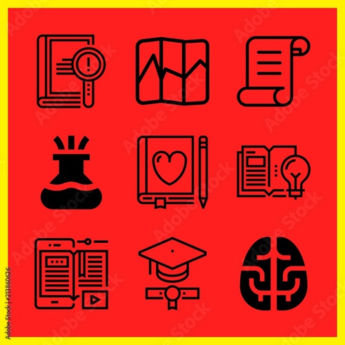 Simple 9 icon set of edication related ebook, flask, graduation and book vector icons. Collection Illustration