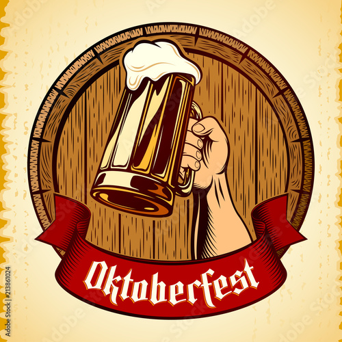 Right Hand raises Mug of Beer with frothy lager on wooden barrel background on vintage backdrop. Title Oktoberfest on banner ribbon. Vector graphic illustration in retro stamping ink engraving style.