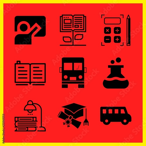 Simple 9 icon set of edication related open book, calculator, school bus and flask vector icons. Collection Illustration
